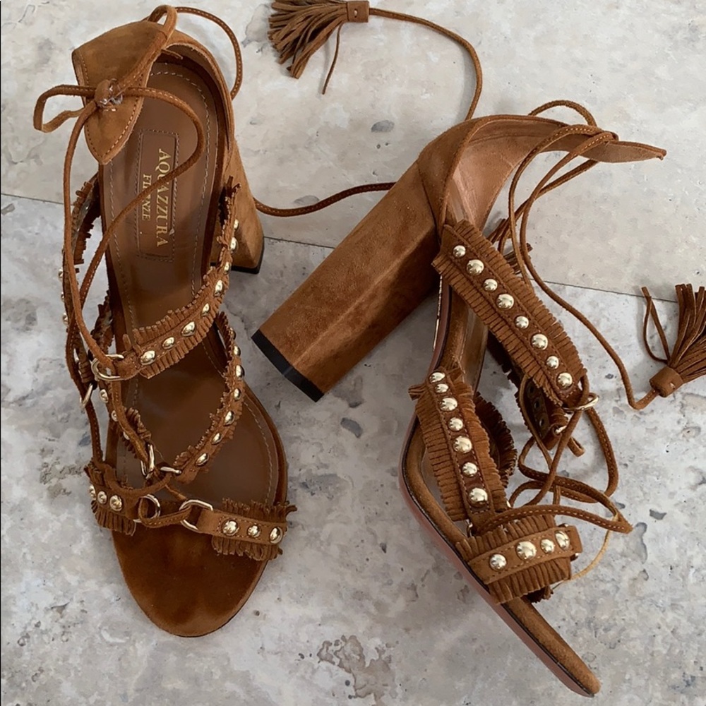 Aquazzura Tulum Fringe Suede Sandals sz 36.5